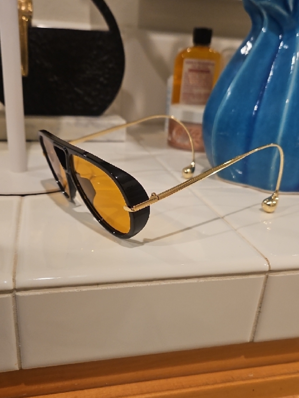 Black Frame Sunglasses with Amber Yellow Lenses - Picture 2 of 7
